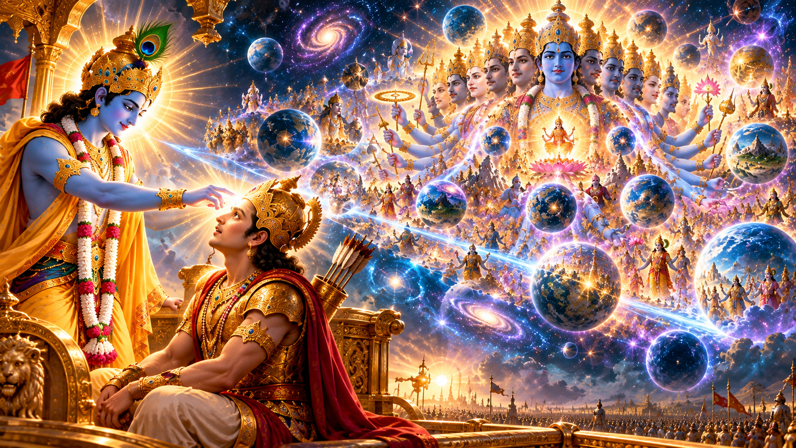 Krishna grants Arjuna divine vision to perceive the universal form